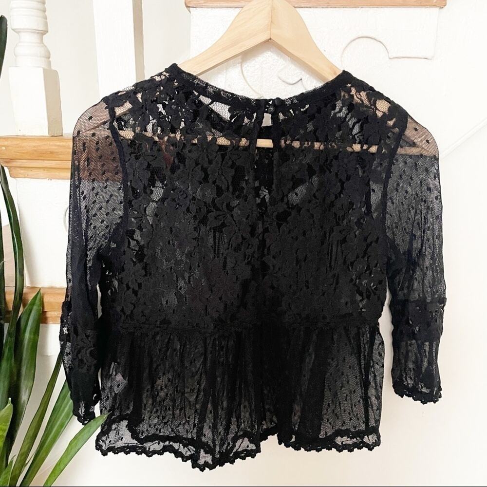 Free People Black Sheer Lace 3/4 Sleeve Cropped Blouse Size S - Picture 6 of 7